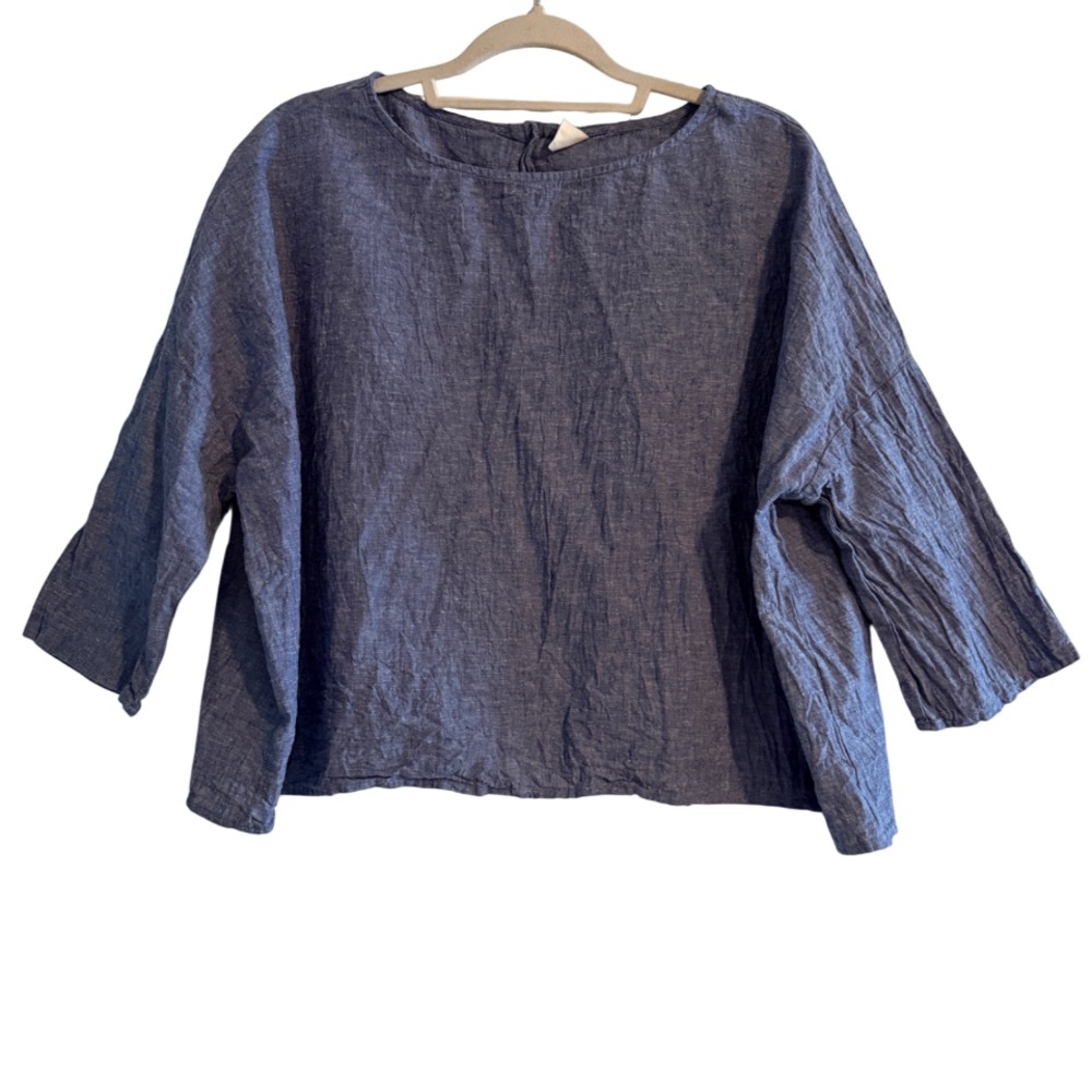 Lintico Linen Cotton Boatneck Button Back 3/4 Bell Sleeve Denim Blue Top XXL